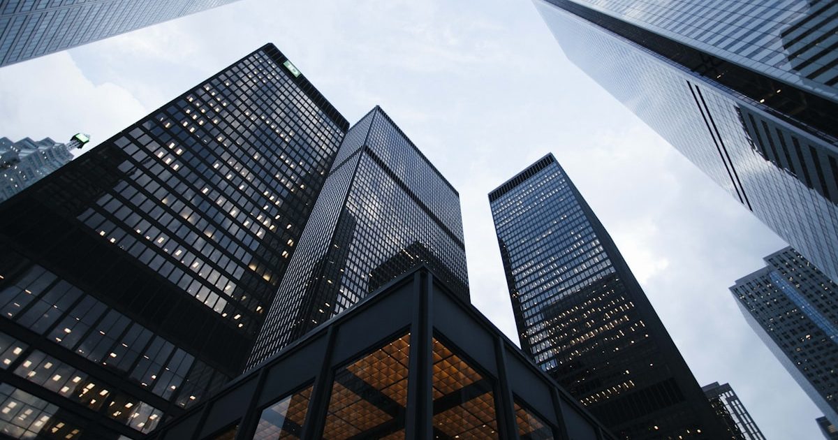 Modern corporate skyscrapers seen from below
